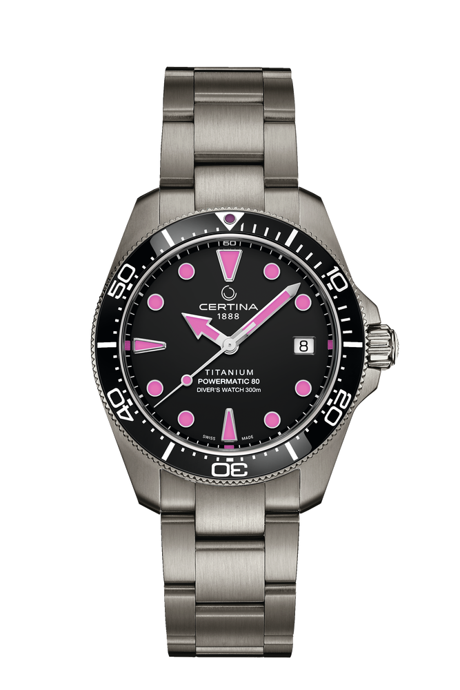 Ceas Certina DS Action Diver Titan C048.807.44.051.01 cadran negru cu roz - vedere frontala